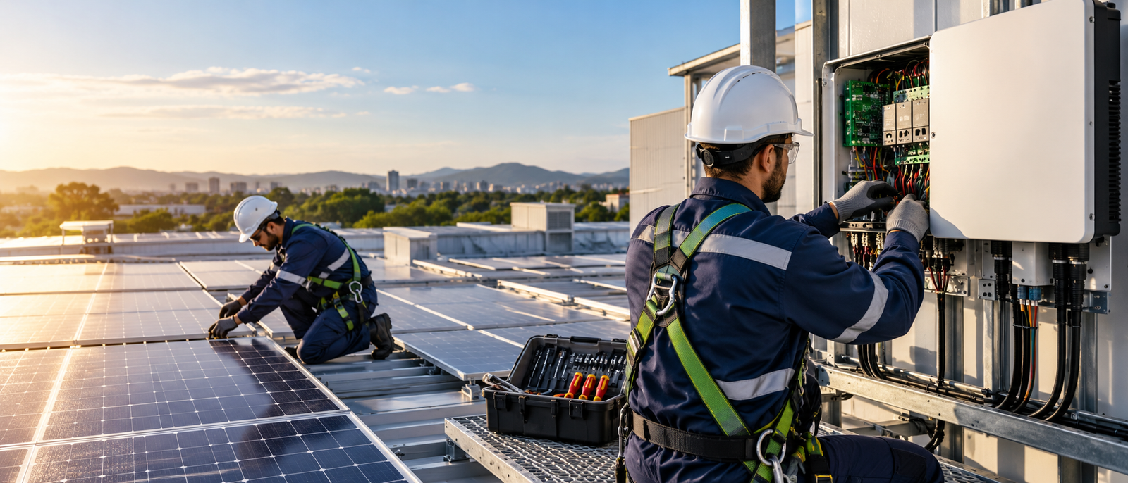 Técnicos realizando manutenção em painéis solares e em um inversor, com instalação fotovoltaica ao fundo.